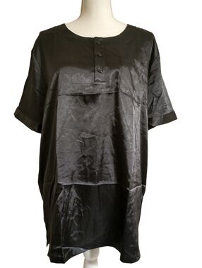 Black Short-Sleeve Satin Blouse